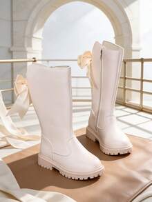 1 Pair Beige Girls' Tall Riding Boots, Soft PU + Pearl Bow Decor, Round Toe Soft Sole Inner Zipper Design, Fashionable Cute Princess Style Long Boots, Suitable For Daily, Holiday, Campus, Autumn/Winter New - Beige - View 8