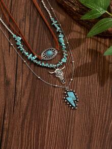 3pcs/Set Vintage Western Style Brown Rope & Blue Turquoise Beaded Necklace Set, Casual Versatile Women's Neck Jewelry Accessory, Suitable For Daily Wear, Dates, Travel And Photography - Multicolor - View 2
