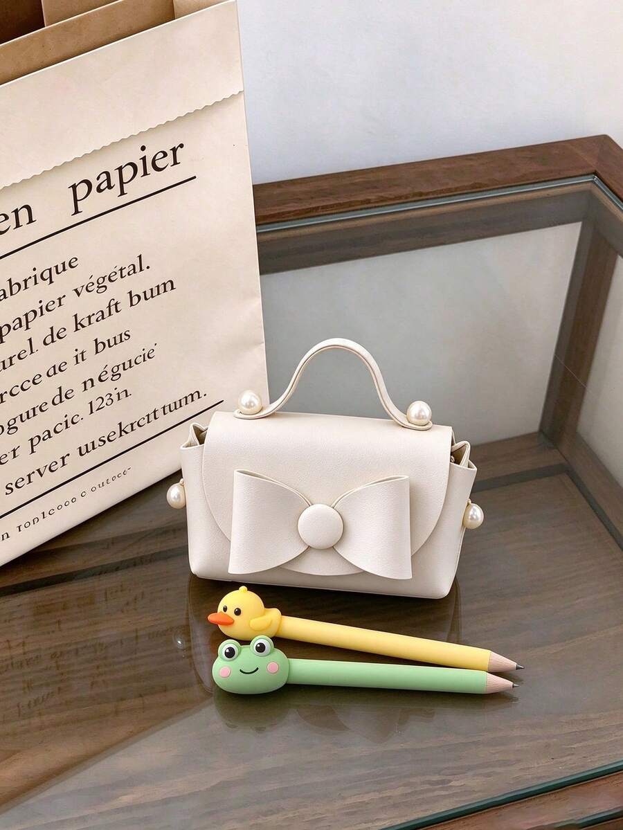 Candy Girl Mini Handbag, Coin Purse, Pearl Square Clutch, Bowknot Cute Bag - Beige - View 1