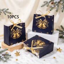 10 st juliga mini-papperspresentpåsar med guldklocka och guldband med rosett, marinblå små presentboxar med julsnöflingor, förpackningsboxar för julparty-gåvor - Visa 9