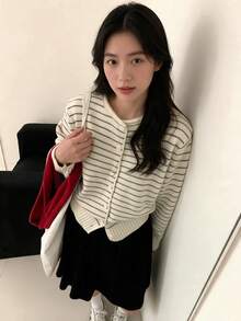 Korean Style Casual Colorblock Striped Cardigan Round Neck Single-Breasted Knit Sweater Jacket - Apricot - View 3