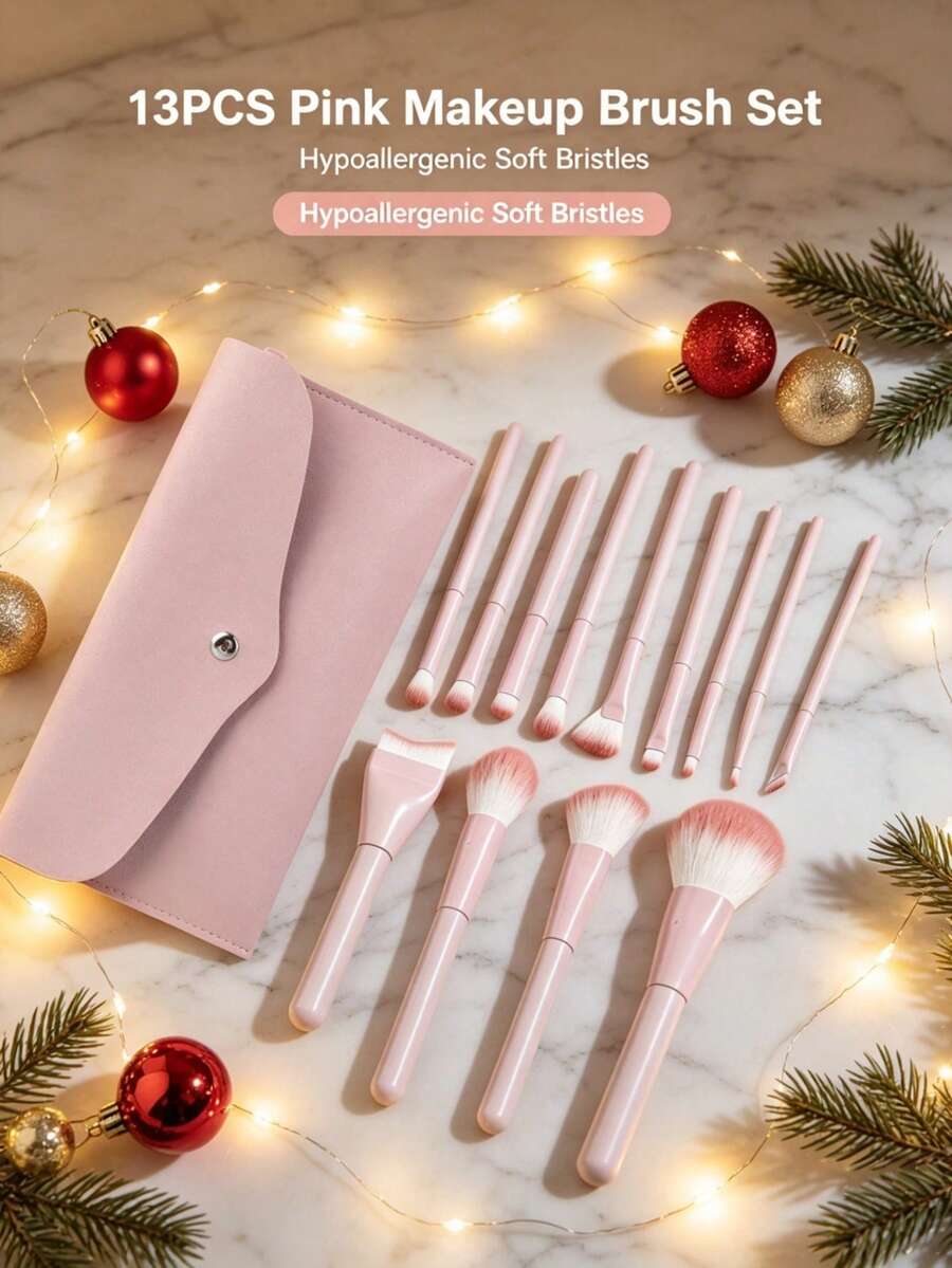 13-Piece Makeup Brush Set With Leather Makeup Bag, Complete Makeup Tool Kit Travel Essential, Makeup Brushes For Easy Application: Foundation, Blush, Eyeshadow, Brow, Contour, Lip And Nose Shadow, Professional Facial Makeup Brushes And Beauty Tools, Suitable For Powder, Liquid And Cream Cosmetics, Ideal For Daily Use And Travel - Pink - View 1