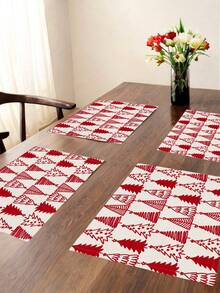 2/4/6Pcs Placemats, Heat Resistant Farmhouse Christmas Red Hand Drawn Pine Tree Pattern, Patio Round Table Holiday Party Kitchen Home Dining Table Tea Party Decor Mats - Red and White - View 3