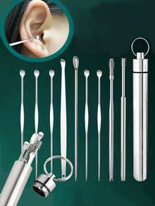 10pcs/6pcs Stainless Steel Ear Cleaning Tool Set - Spiral Earwax Remover, Ear Piercing Care Kit With Ear Cleansing Spoon, No Battery Needed, Holiday Gift, Portable Keychain For Travel Home Beauty - Multicolor - View 2