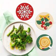 6pcs Christmas Coasters - Heat-Resistant Non-Slip Beverage Mats, Red/Green Holiday Design (Snowflake, Holly, Bell) - Reusable Round Tabletop Protectors, Suitable For Parties, Gifts, Home Decor - Wooden Material, Christmas Coasters - View 4