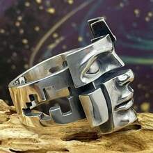 CIREY 1pc Vintage Personalized Design Split Personalized Mask Imitation Thai Silver Ring, Versatile Men's Ring Suitable For Daily Wear, Couple Style - Antique Silver - View 5