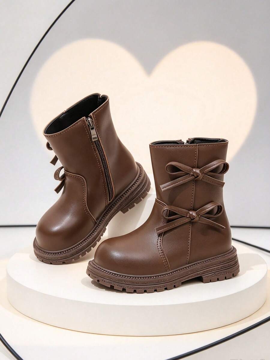 1 Pair Kids' Short Boots, Soft PU Bow + Round Toe Elastic Soft Sole, Inner Zipper Design, Fashionable Cute Sweet Cool Princess Style Chelsea Ankle Boots, Suitable For Daily School Holiday Outdoor, Autumn/Winter New Arrival
