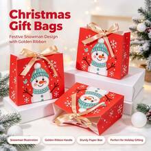10PCS/Christmas Snowman Mini Paper Gift Bags With Gold Ribbon Bow, Red Xmas Candy Cookie Treat Goodie Bags, Holiday Kids Party Favor Gift Packaging - View 2