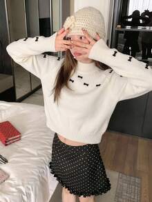 Women's Winter Korean Sweet Style Semi-High Neck 3D Bow Design Sweater, Autumn/Winter Slouchy Fashion Slimming Long Sleeve Knit Top - Apricot - View 3