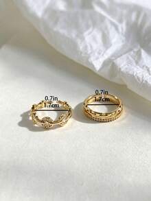 Juego de 2 anillos abiertos de doble capa hueca con cadena de moneda de cobre dorado, diseño de lujo de nicho, versátil y elegante, adecuado para el uso diario y festivo de las mujeres - Dorado - Ver 4