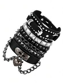 Unisex Multi-Piece Adjustable Pyramid Metal Decor Heart Lock Star Print Gothic Punk Rock Faux Leather Alloy Bracelet Set, Suitable For All Seasons - Black - View 12