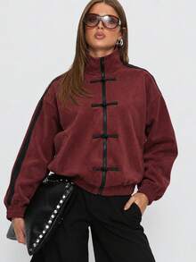 Women's Burgundy Suede Short Jacket, Side Stripe With Cheongsam Button And Zipper Design, Versatile Long Sleeve Coat For Autumn/Winter - Burgundy - View 1
