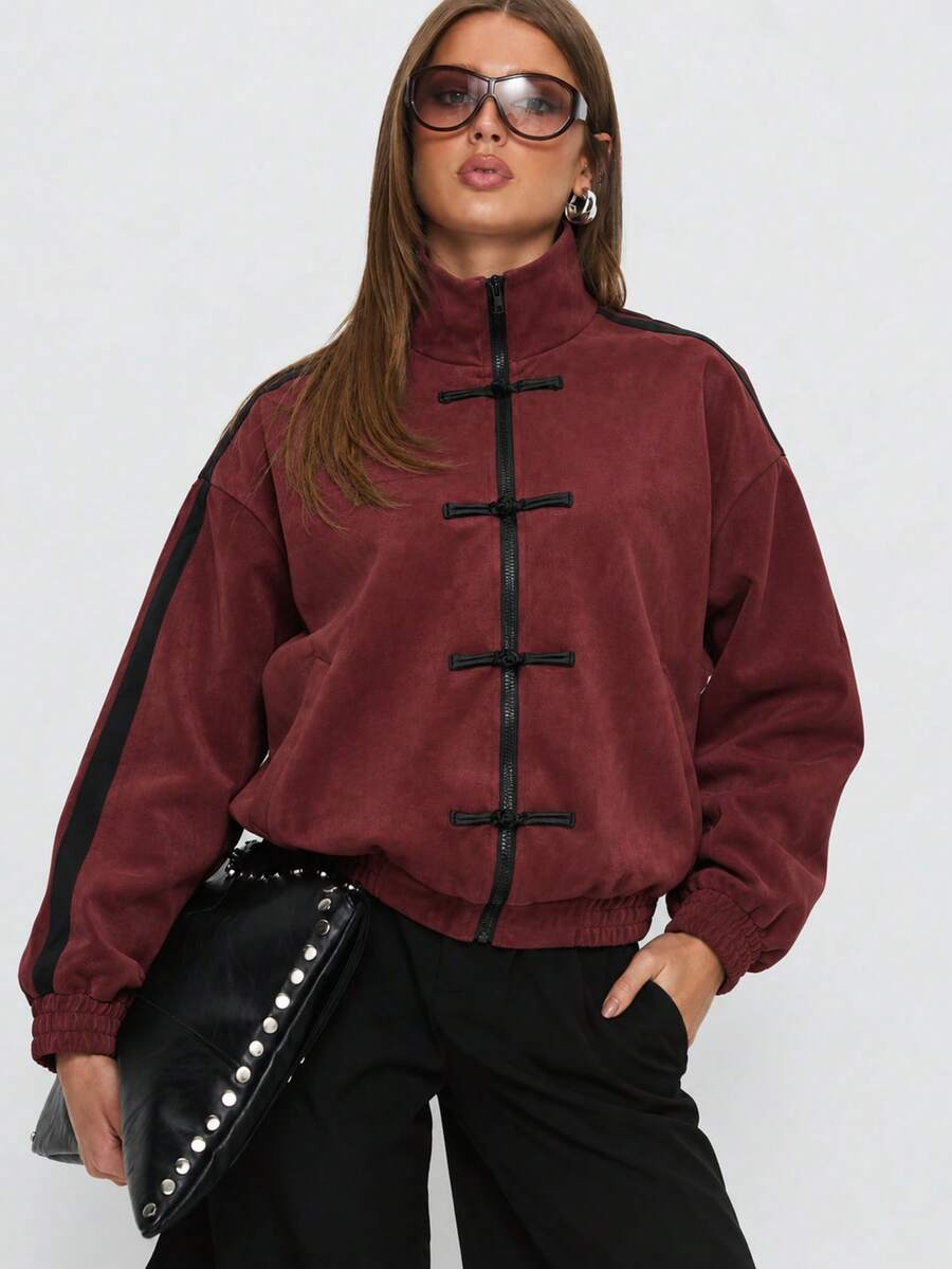 Women's Burgundy Suede Short Jacket, Side Stripe With Cheongsam Button And Zipper Design, Versatile Long Sleeve Coat For Autumn/Winter - Burgundy - View 1