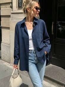 Women's Autumn Solid Color Pocket Front Button-Down Casual Shirt - Navy Blue - View 7