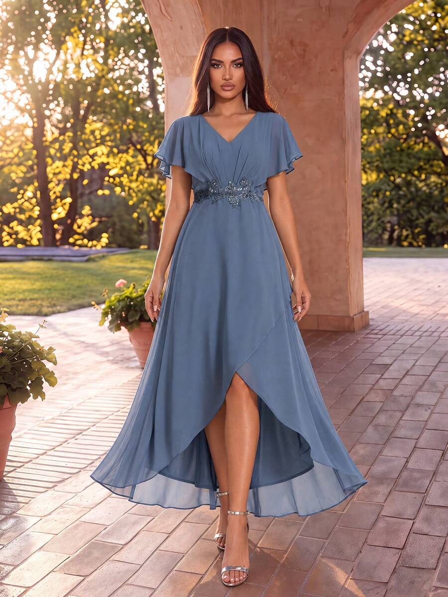 EVERPRETTY Elegant V-Neck Ruched Bust Dusty Blue Mother Of Bride Dress Garden Wedding Guest Formal Dress Dinner Occasion Fall - Dusty Blue - View 1