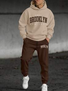 Youth Boy Letter Print Warm Hoodie And Pants Set - Apricot - View 1