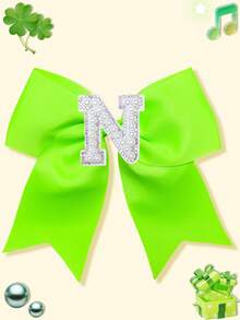 1pc Girls Bright Grosgrain Ribbon Bow Hair Clip, Pearl Rhinestone A-Z Alphabet Letter Decor Bow Hair Barrettes, Cute Girls Daily Hair Accessories - Lime Green - View 32
