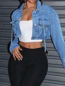 Women's Halloween Costume Denim Short Jacket With Collar And Long Sleeves, Casual Jacket For Autumn - Medium Wash - View 4