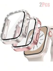 2Pcs Rhinestone Inlaid Shiny Watch Case Compatible With Apple Watch 38mm 40mm 41mm 42mm 44mm 45mm 46mm 49mm, Anti-Drop Anti-Scratch Hard PC And Tempered Glass 2-In-1 Watch Case Compatible With Apple Watch Series Ultra/SE/12/11/10/9/8/7/6/5/4, Fashion Casual Sports Watch Case For Women, 2-Color Combination Set - Starlight Color + Rose Pink - View 20