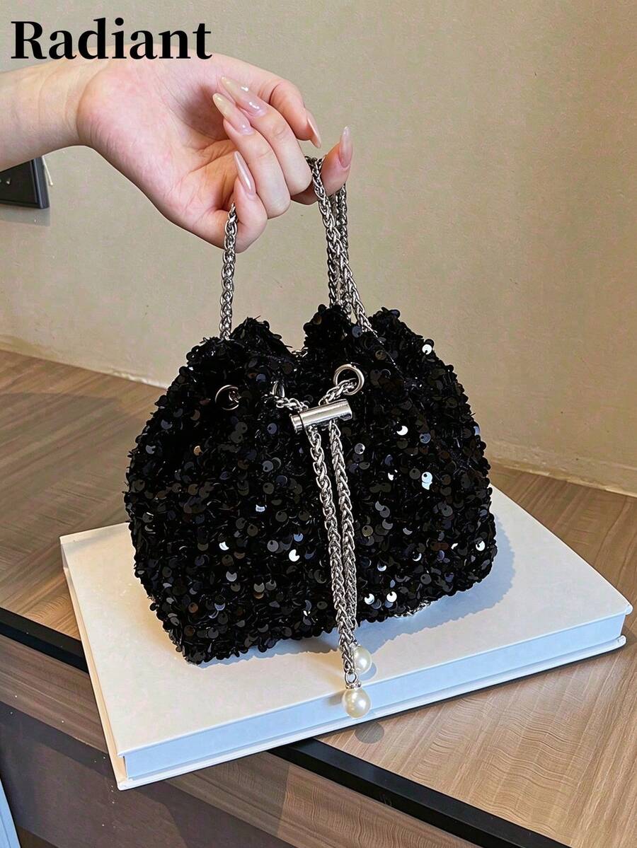 Bucket Bag Black Sequin Fabric Metal Chain Pearl Decor Drawstring Handbag Evening Party Wedding Shoulder Crossbody Bag For Women Night Out - Black - View 1