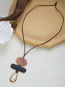 Geometric Statement Necklace For Women, Long Leather Cord Pendant With Amber Resin And Gold Water Drop, Modern Minimalist Jewelry - Style 1 - View 4