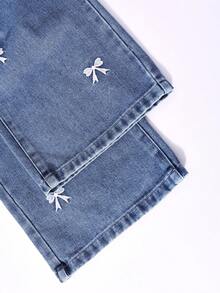 Tween Girl Elastic Waist Bow Pattern Casual Daily Denim Jeans - Blue - View 4
