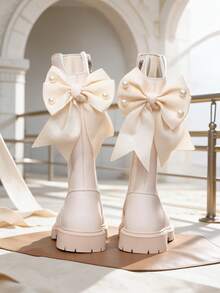 1 Pair Beige Girls' Tall Riding Boots, Soft PU + Pearl Bow Decor, Round Toe Soft Sole Inner Zipper Design, Fashionable Cute Princess Style Long Boots, Suitable For Daily, Holiday, Campus, Autumn/Winter New - Beige - View 3