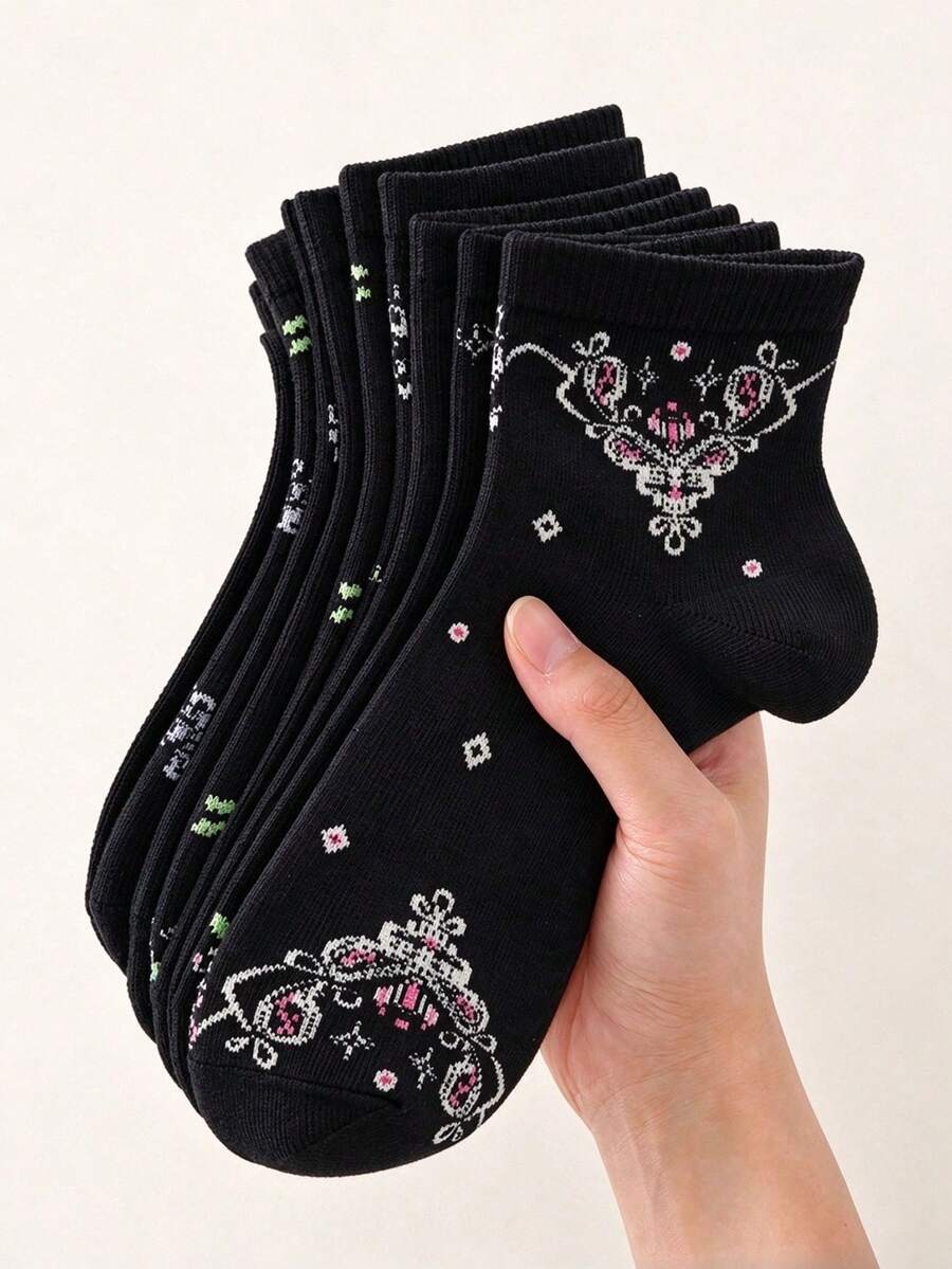 5雙黑色復古花卉女款短襪,梅花蝴蝶碎花提花,四季百搭 INS 風格 - 黑色 - 查看 1
