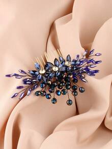 Navy Blue Rhinestone Handmade Exquisite Hair Comb & Hairpin Set, Bridal Updo Hair Comb, U-Shaped Hairpin, Evening Party Headpiece, Wedding, Festival, Ball Gown Styling Accessory - Ink Blue - View 2