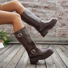 Vintage Double Buckle Thick Sole High Shaft Riding Boots, Round Toe Western Style Straight Knee-High Boots - Brown - View 1