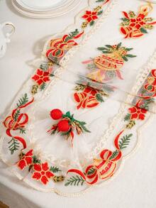 1PC 3D Christmas Bauble & Candle Embroidered Christmas Sheer Table Runner, Multiple Sizes Available, 11.8 Inches Width, Exquisite Bauble Embroidery Craft, Dual-Purpose Decor For Christmas Parties & Cabinet Cover - Multi-color Christmas Baubles - View 6