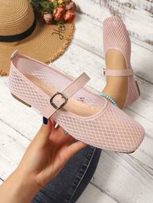 Women's Summer New Lace Mesh Hollow Out Flat Shoes - Pink - View 1