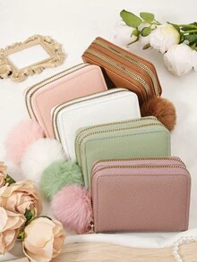 Fashion With A Pom Pom Charm, Women's Simple Wallet, Double Zipper Portable Short Bag, Large Capacity Multi Functional Card Bag Wallet - Burgundy - View 6