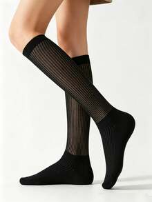 3 Pairs Solid Color Casual Versatile Spring/Autumn Women's Slouch Socks Knee-High Mid-Calf Long Socks All-Match JK Uniform Style - Black - View 3