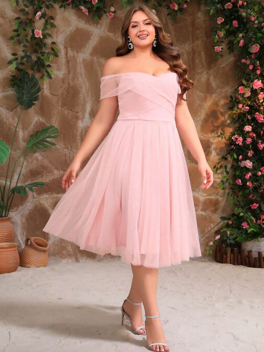 Plus Size Elegant Solid Color Off-Shoulder Wrap Mesh Formal Dress - Baby Pink - View 1