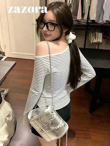 Women's Asymmetrical Shoulder Striped Long Sleeve T-Shirt, Slim Fit Base Layer Knit Top - White - View 6