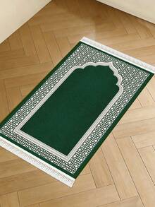 1pc Green Flannel Muslim Prayer Mat Thickened Sponge Soft Material Facing Mecca Prayer Carpet Ramadan Home Decor Floor Mat Classic Embossed Design - Green - View 8