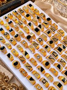 1/10/40/100pcs Hip Hop Gold Rings Men's Rings, Personalized Black Gemstone Rhinestone Rings, Fashion Jewelry Women's Accessories, Women's Rings, Party Daily Jewelry Gift - Gold - View 7