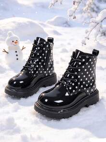 1 Pair Girls Short Boots, Soft Polka Dot Mirror PU + Round Toe Lightweight Soft Sole Anti-Slip, Inner Zipper Design, Fashionable Cute British Style Ankle Boots, Suitable For Daily, Campus, Holiday, Autumn/Winter New - Black - View 3
