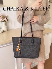 1pc Minimalist PU Fabric Shoulder Tote Bag Suitable For Commuting, Shopping, Etc. (With Pendant) - Black - View 11