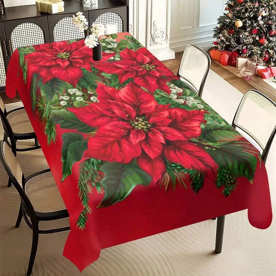 1pc Christmas Poinsettia Floral Holiday Print Tablecloth, Woven Polyester Square And Rectangular Tablecloth, Suitable For Home, Kitchen Decor, Holiday Party, Camping - Machine Woven - Multicolor - View 1