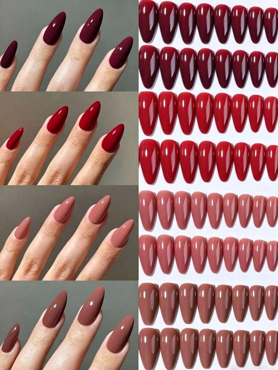 98pcs (4 Mixed Colors) Long Almond Shaped Glossy Press-On False Nails ...