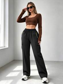 Women's Spring/Autumn Lightweight Cargo Pants, Featuring Drawstring Waist And Zipper Pockets Design. Simple Solid Color Style, Perfect For Outdoor Activities And Daily Wear. - Black - View 5