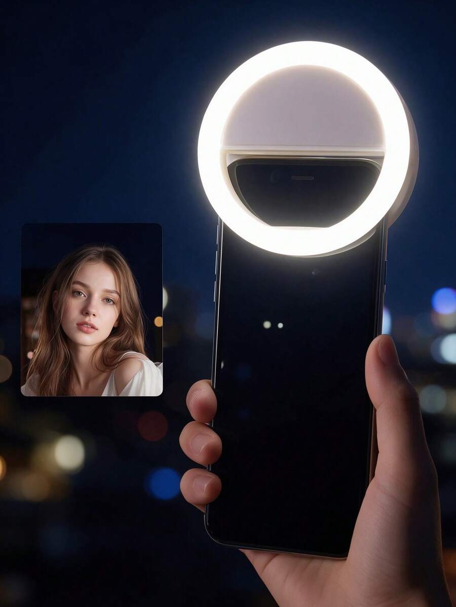 1pc USB Rechargeable Selfie Ring Light, Aro De Luz, 3 Brightness Modes, Travel Accessory, Comes With USB Charging Cable, Suitable For Selfie Ring Light Auxiliary Lighting, Low-Light Selfie Enhancement For Smartphone Photography, Portable Fill Light, Live Streaming - White - View 1