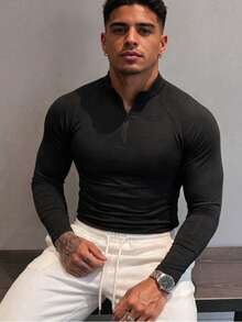 Men's Autumn/Winter Fashion Casual Raglan Sleeve Zip-Up Polo Collar Long Sleeve T-Shirt, Suitable For Daily Social Wear - Black - View 7