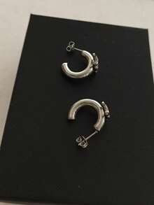 2PCS Elegant Black & Gold Woven Chain Texture Double C Large Hoop Earrings, Suitable For Daily, Party And Commute Wear - C-shaped Hoop Earrings - Silver - View 2