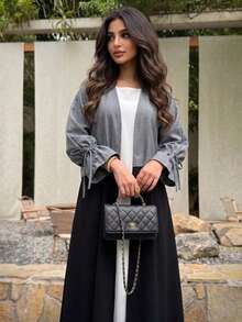 Hafizah Women's Colorblock Open Front Abaya With Drawstring Ruffle Sleeves Loose Fit Modest Maxi Dress Fall - Grey - View 4