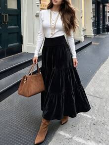 DONICY Women's Velvet High Waist Ruched Elastic Waistband Layered Ruffle Flowy Long Maxi Skirt - Black - View 1