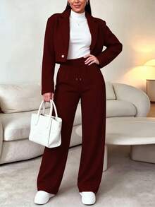 Women's Fashion Brown 2 Pieces Suit, Long Sleeve Cropped Blazer With Slightly Elastic High Waist Pants, Suitable For Formal Occasions And Autumn Wear - Burgundy - View 2