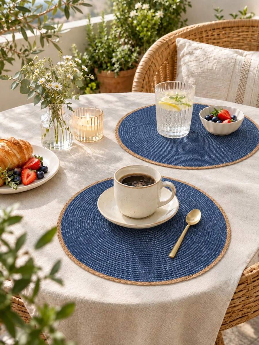 15 Inch Round Woven Placemats, Easy To Clean, Heat Resistant, Non-Slip Woven Table Mats For Home Kitchen Dining Table, Solid Color Bowl Plate Cup Coasters, Suitable For Holiday Parties, Birthday Parties, Wedding Banquets, Coffee Table Mats, Home Decor - Royal Blue - View 1